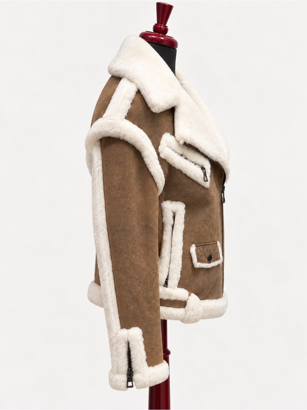 Women’s Brown Faux Shearling Aviator Biker Jacket Cream Fur Trim Zip Up - Picture 3 of 6
